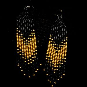 Native Style Gold and Black  Glass Seed Beaded Earrings 1pr Hand Made Dangle